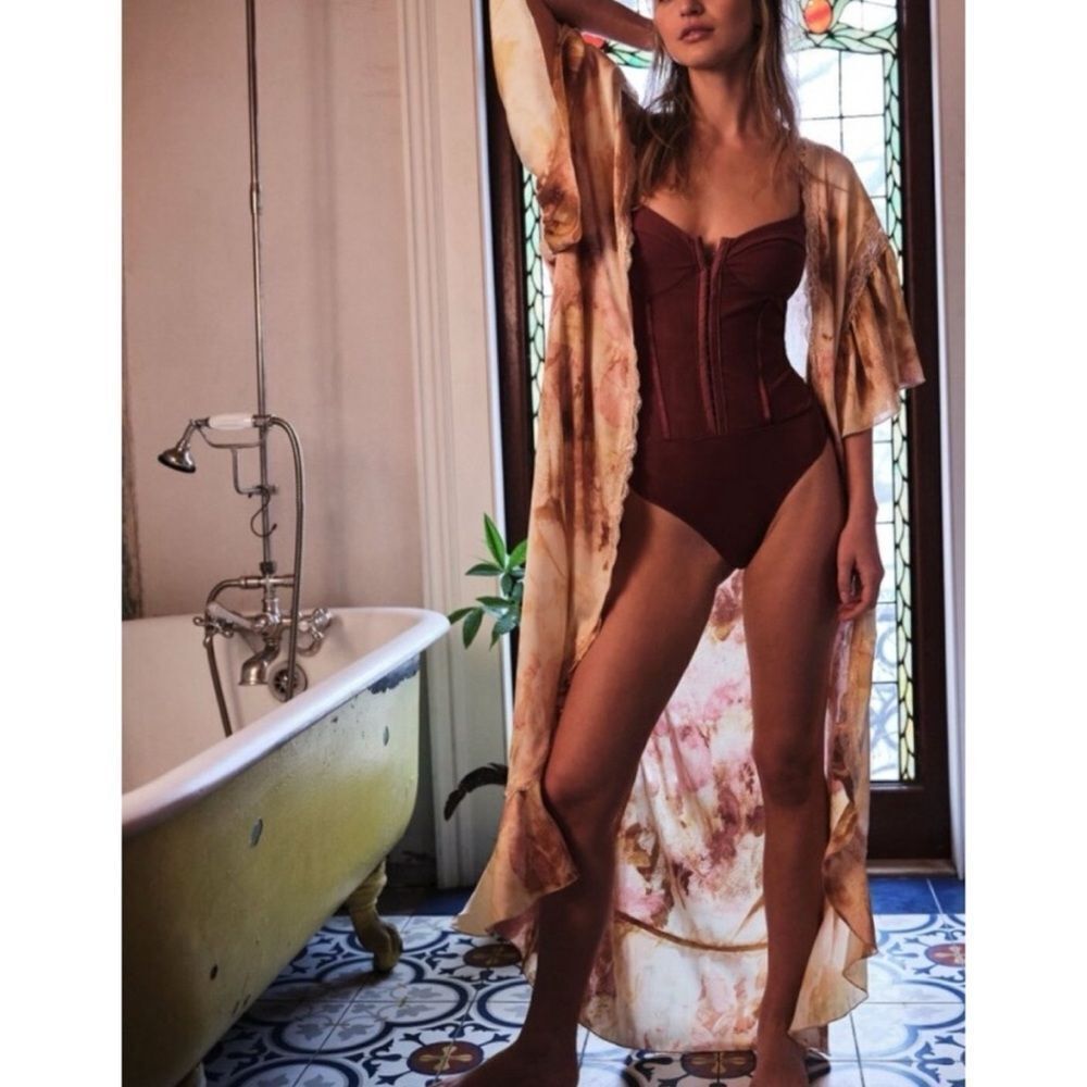 🆕 New With Tags FREE PEOPLE Night Rhythm Corset Bodysuit / Washed Maroon - Picture 3 of 13